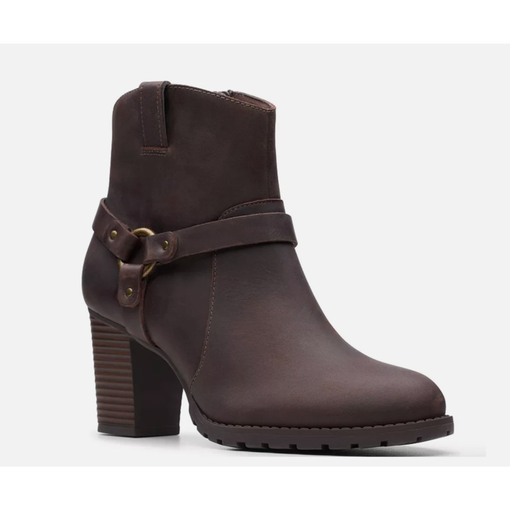 Clarks Verona Rock Ankle Leather Boots Brown Heeled Western Buckle Size 9.5